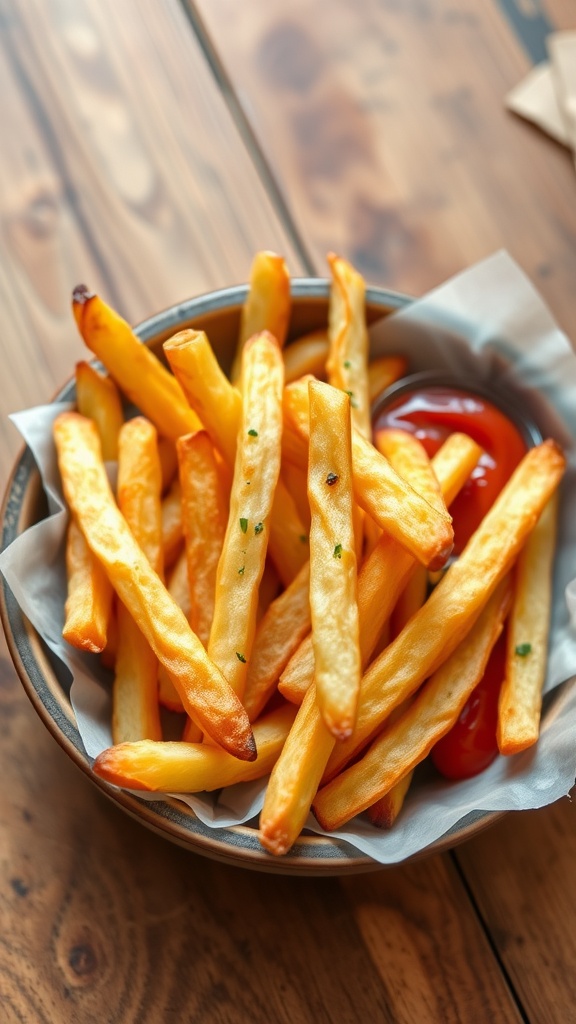 Crispy golden potato fries served with ketchup on a rustic wooden table.
